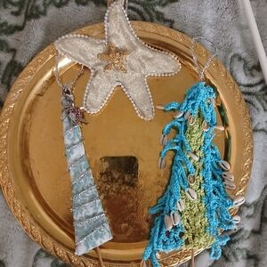 Beach Christmas Ornaments Handcrafted Starfish Sea Turtle Boho Crochet Sea Shell